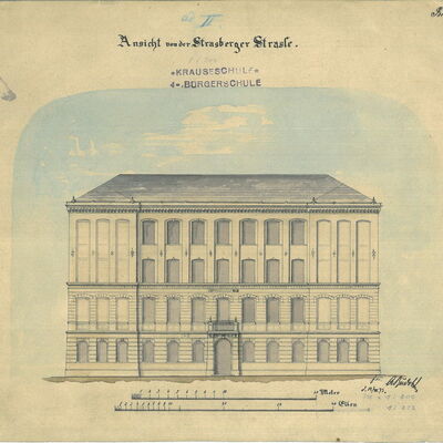 Bild vergrößern: Bauzeichnung mit Fassadenansicht der 4. Bürgerschule (Krauseschule), 1873