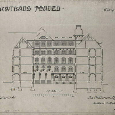 Bild vergrößern: Bauzeichnung mit Schnitt zum Rathausneubau Plauen, 1911