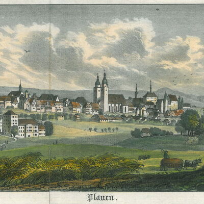Bild vergrößern: Stadtansicht auf einer kolorierten Lithographie, 1845