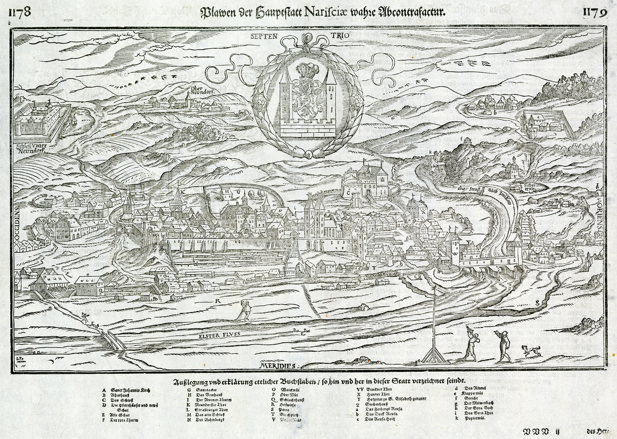 Bild vergrößern: Stadtansicht von Plauen, Holzschnitt in der Kosmographie von Sebastian Münster, 1598