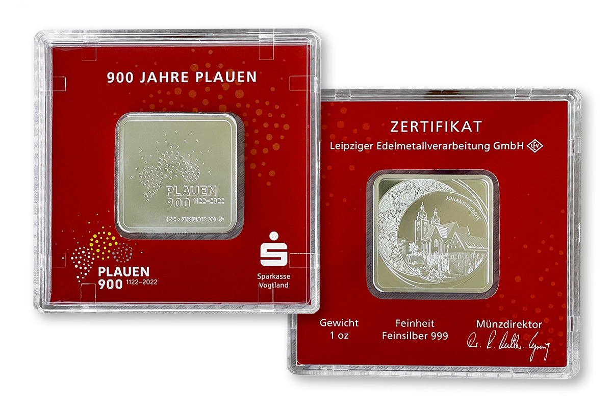 Bild vergrößern: Limitierter Plauen900 Silberbarren der Sparkasse Vogtland